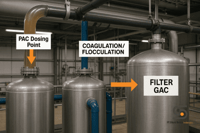 diagram alir mencontohkan titik dosis PAC di depan koagulasiflokulasi, diikuti oleh filter GAC