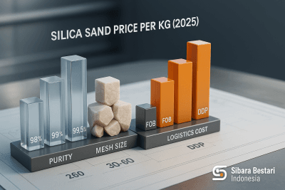 grafik perbandingan harga pasir silika per kilogram berdasarkan kemurnian , mesh size, dan biaya logistik (FOBDDP) proyeksi 2025.
