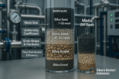Diagram perbandingan kualitas media filter Pasir Silika dan Karbon Aktif on-spec vs off-spec untuk sistem pre-treatment Reverse Osmosis PLTU.