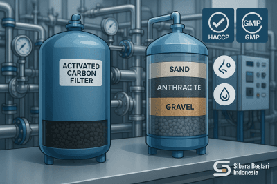 Diagram skematis Water Treatment Plant (WTP) untuk industri makanan dan minuman yang menyorot Karbon Aktif Food Grade sebagai titik kontrol kritis untuk kepatuhan rasa dan bau.