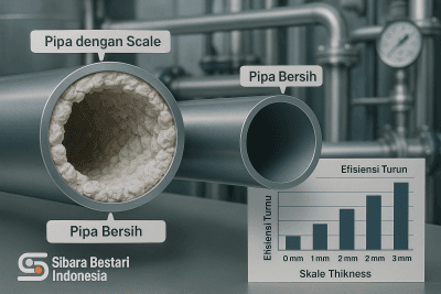 Ilustrasi skematis penampang pipa boiler yang menunjukkan lapisan scale vs. pipa bersih.