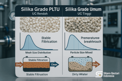 Infografis perbandingan sieve analysis (distribusi mesh size ideal) untuk Pasir Silika Grade PLTU (Uniformity Coefficient Rendah) vs. Pasir Silika Grade Umum (Uniformity Coefficient Tinggi)