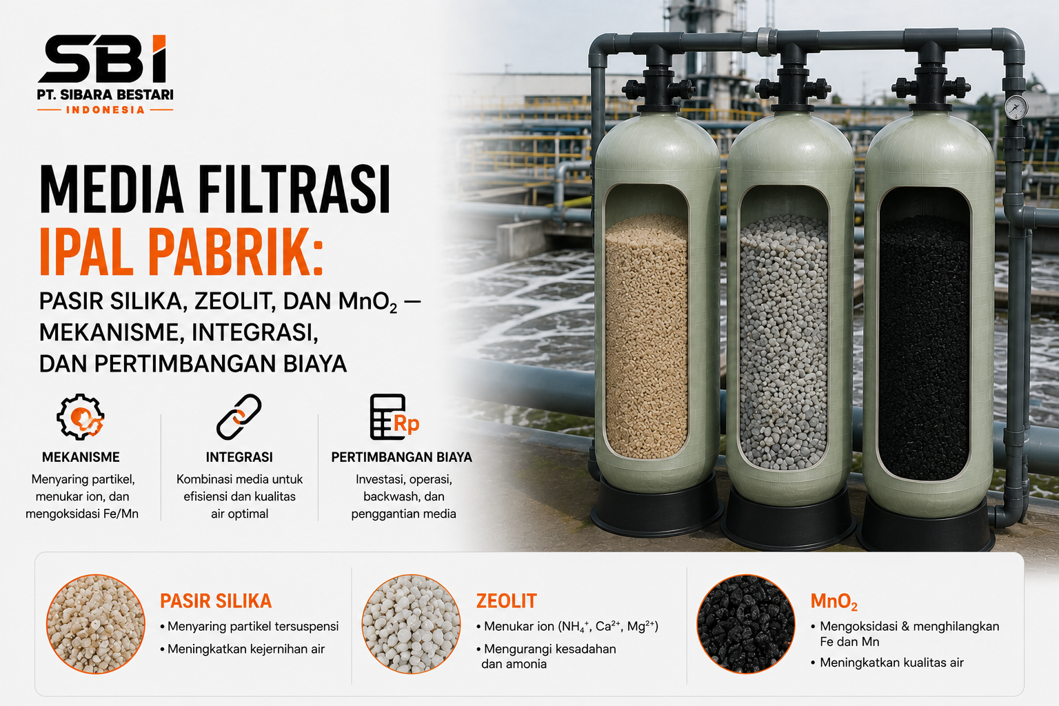 Media Filtrasi IPAL Pabrik Pasir Silika, Zeolit, dan MnO₂ — Mekanisme, Integrasi, dan Pertimbangan Biaya