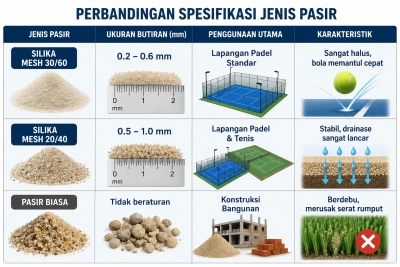 Tabel spesifikasi jenis Pasir Silika untuk Lapangan Padel agar Awet dan Aman