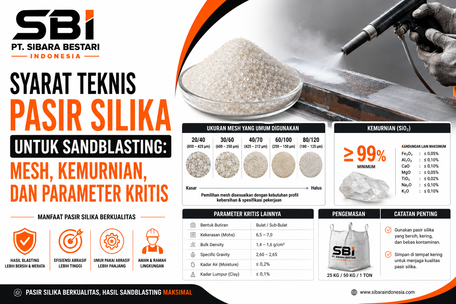 Syarat Teknis Pasir Silika untuk Sandblasting Mesh, Kemurnian, dan Parameter Kritis